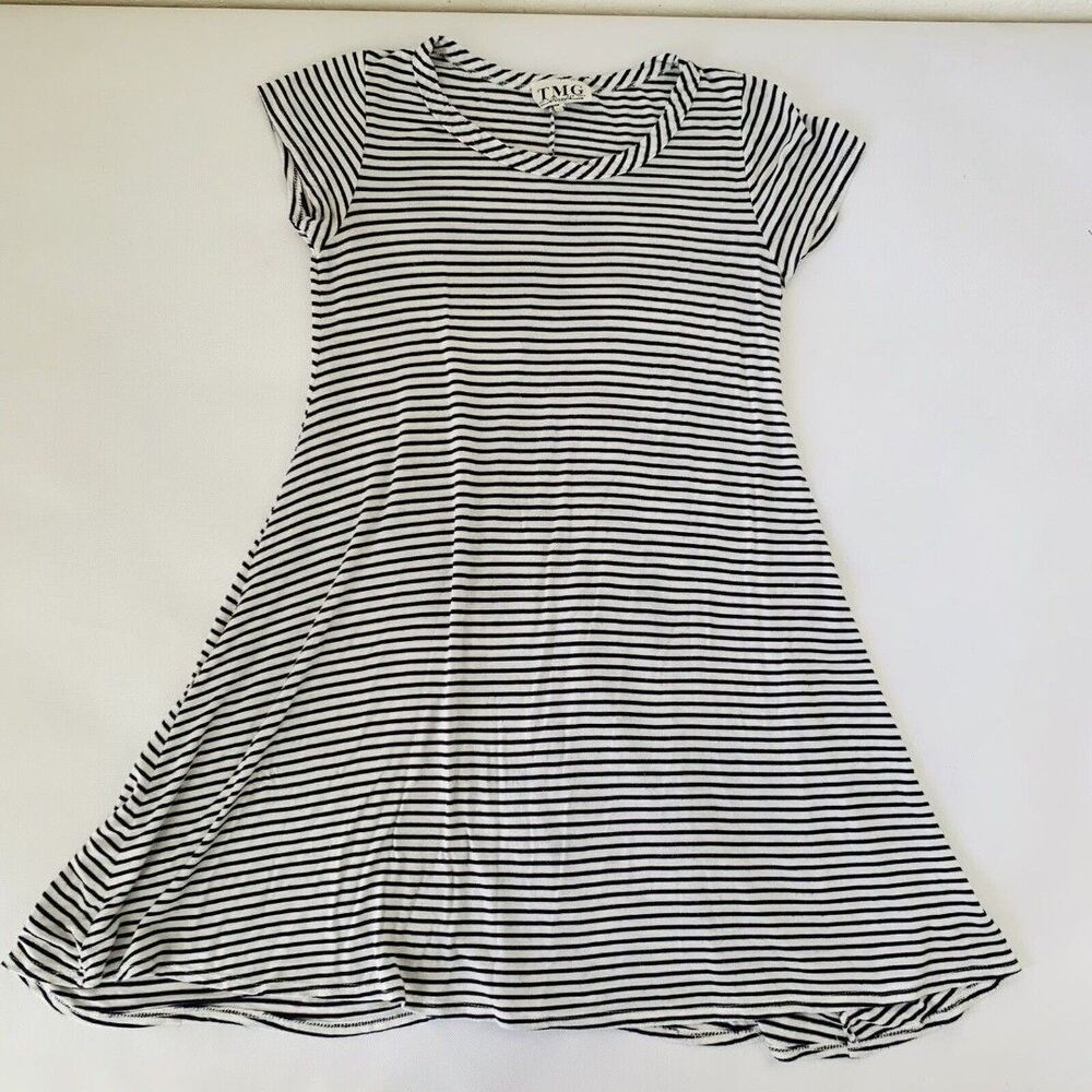 TMG TShirt Dress Women  Black White Striped Mini Casual‎ Stretch Preppy Nautical
